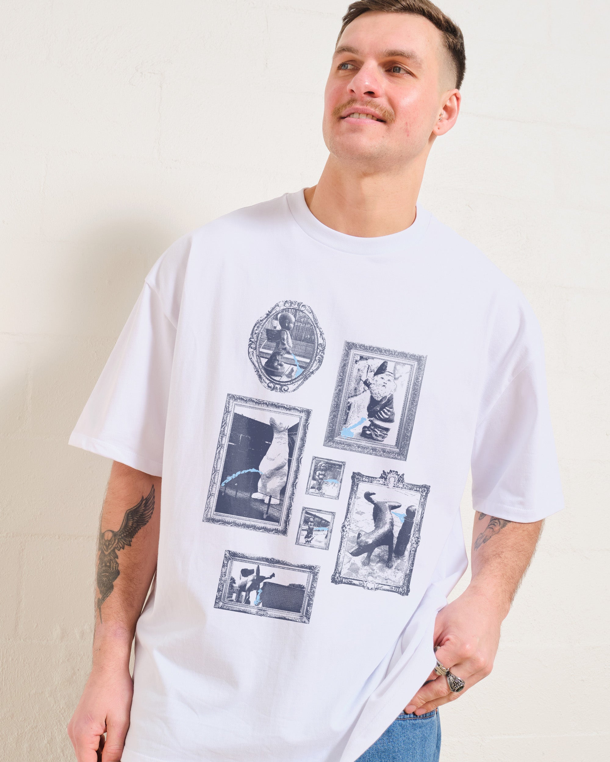 Pissing Statues Oversized Graphic Tee - Unisex 90s Boxy Fit 100% Combed Cotton