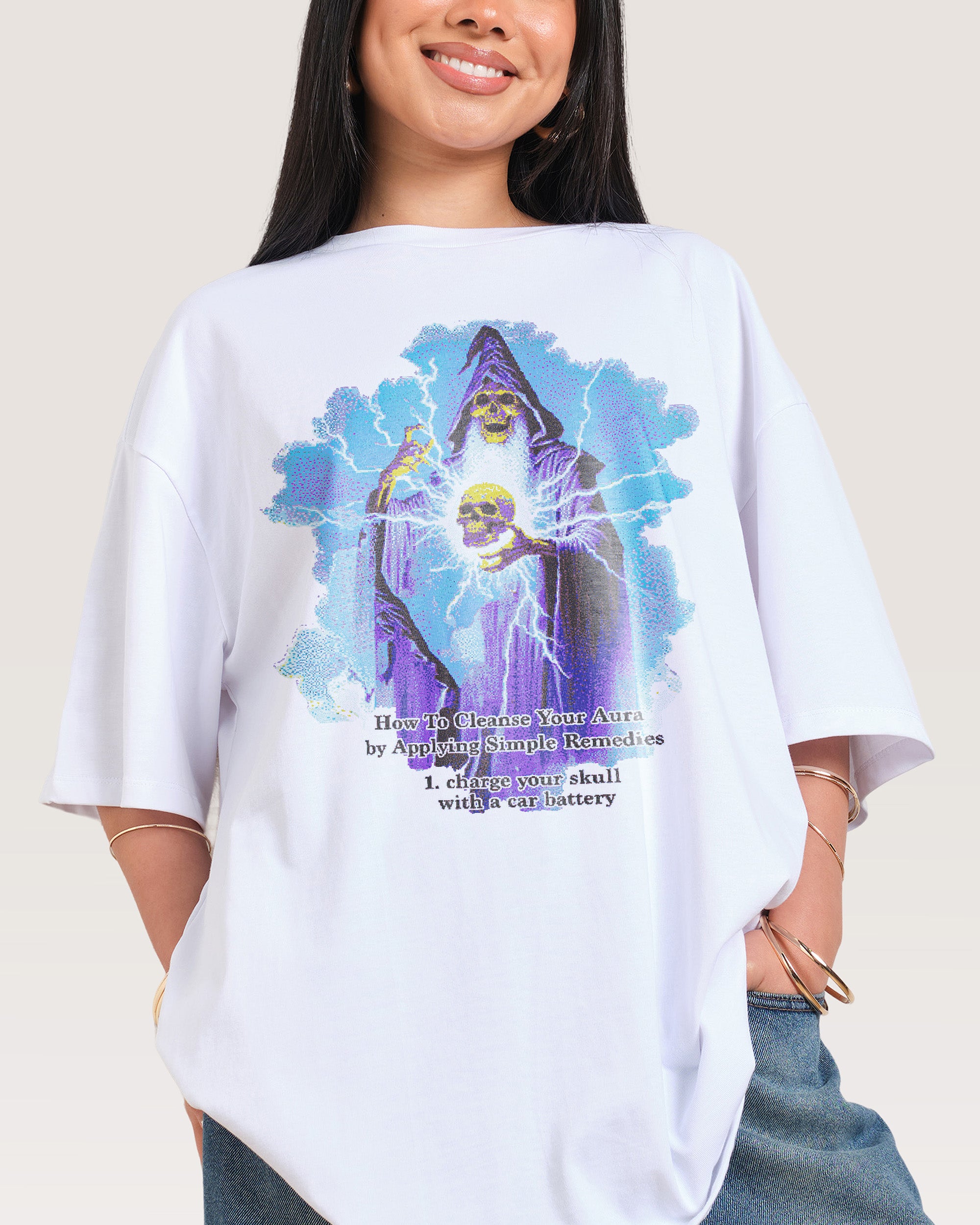 Aura Skull Oversized Graphic Tee Unisex 90s Boxy Fit 100% Combed Cotton