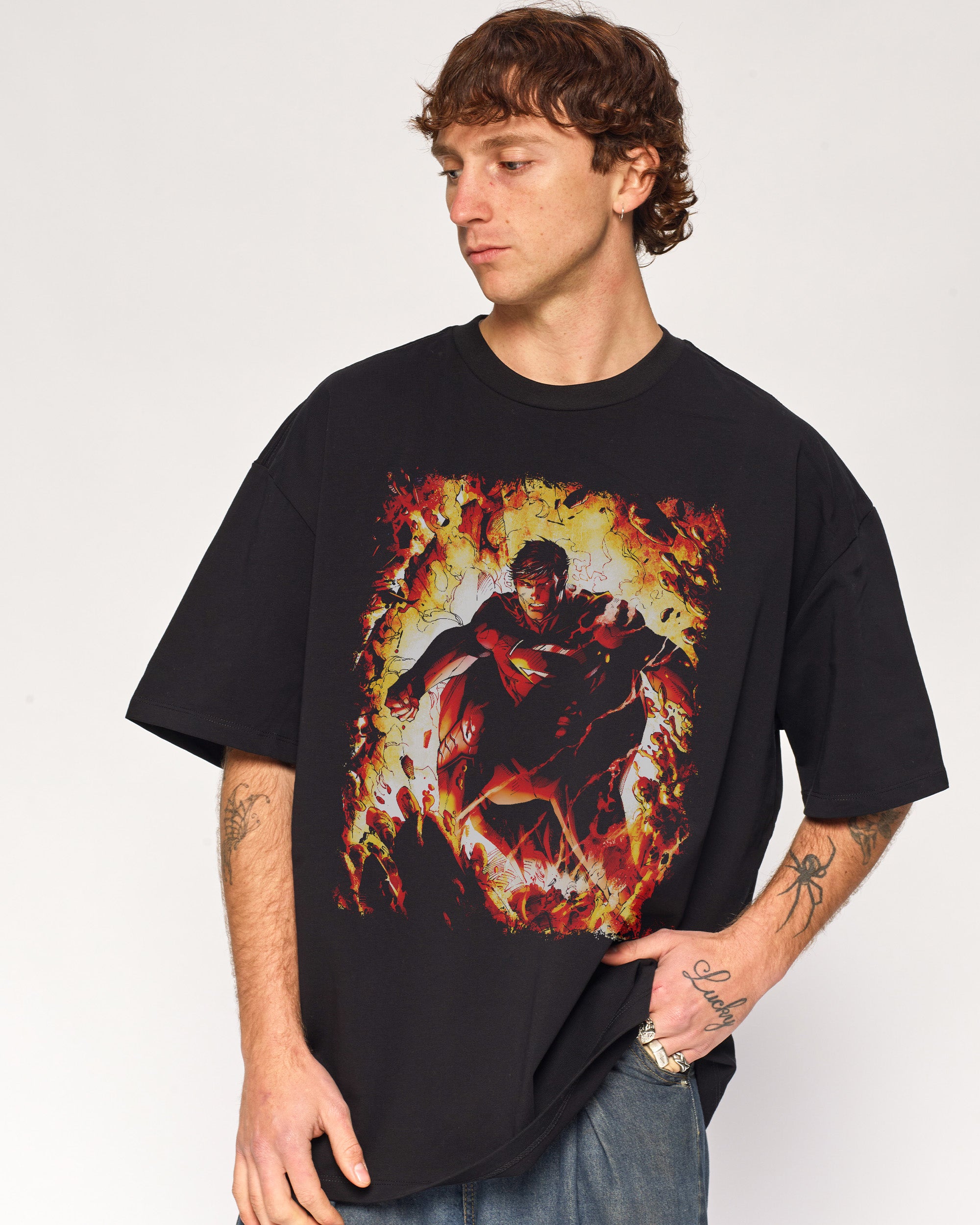 Superman Flaming Oversized T-Shirt DC Collab Unisex 90s Boxy Fit Cotton Tee