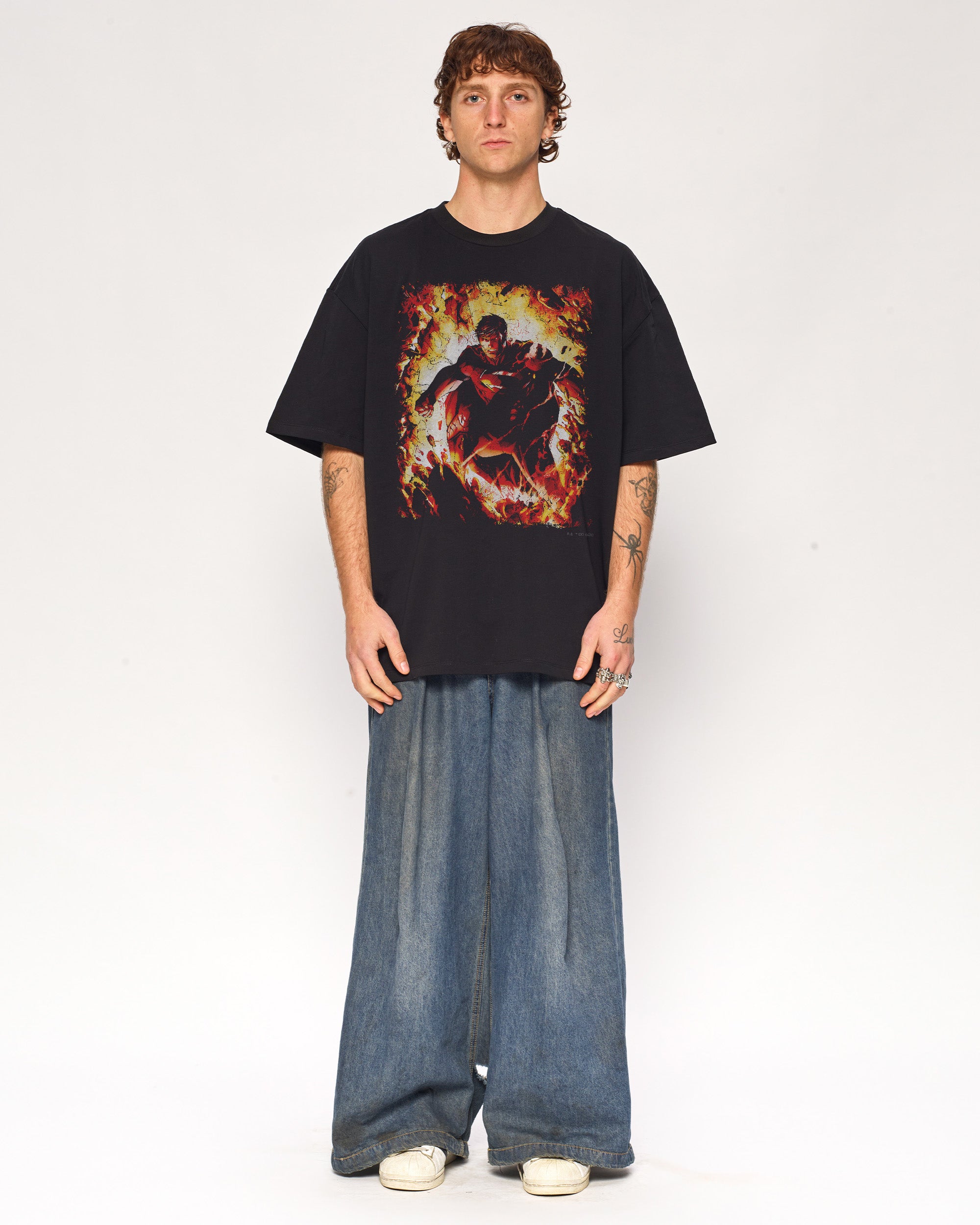 Superman Flaming Oversized T-Shirt DC Collab Unisex 90s Boxy Fit Cotton Tee